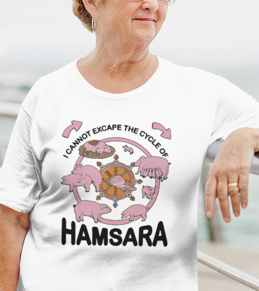 Cycle Of Samsara With Pink Pigs And Spinning Wheel T-Shirt