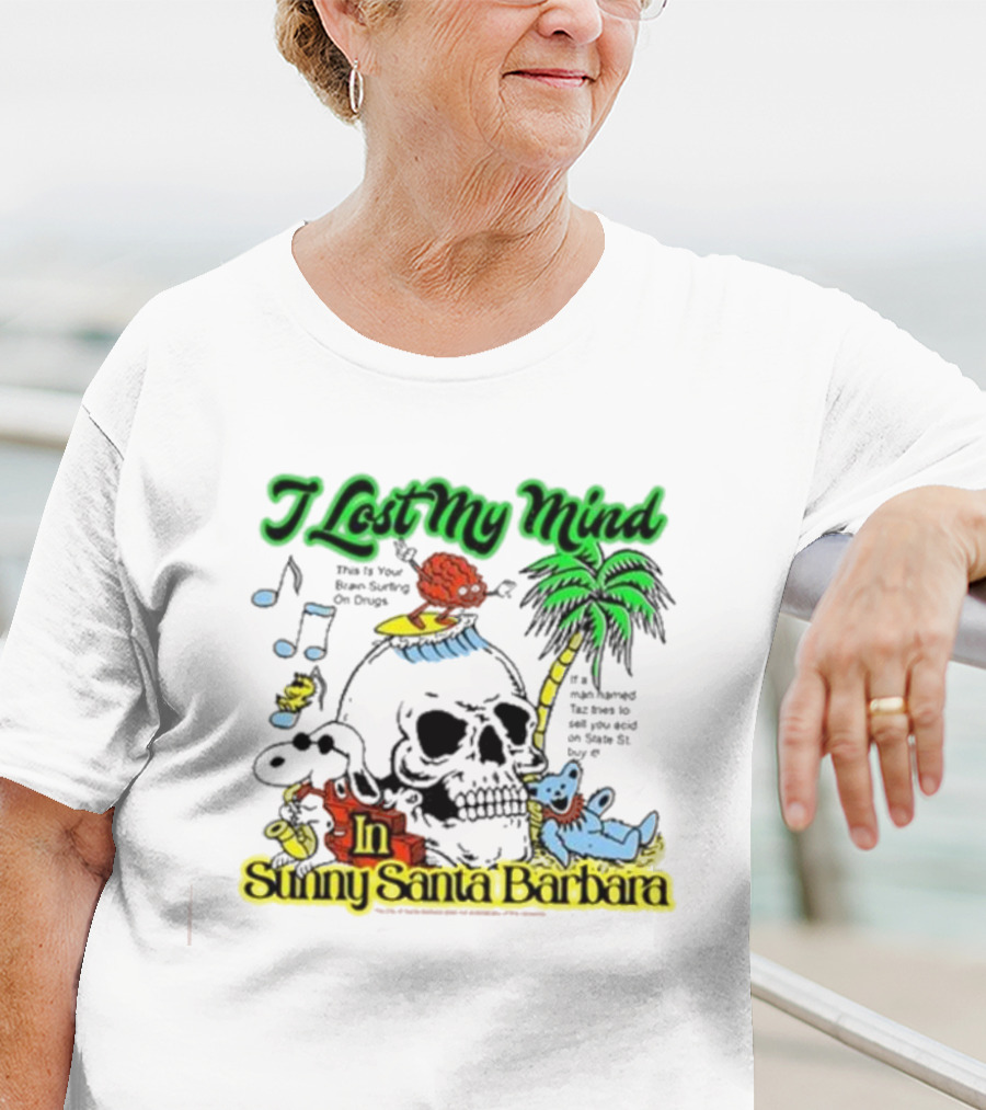 I Lost My Mind In Sunny Santa Barbara Music Skull Palm Beach Bear T-Shirt