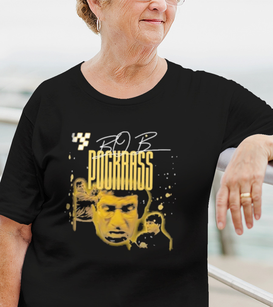 BOB POCKRASS Racing Icon Yellow Portrait Checkerboard Background T-Shirt