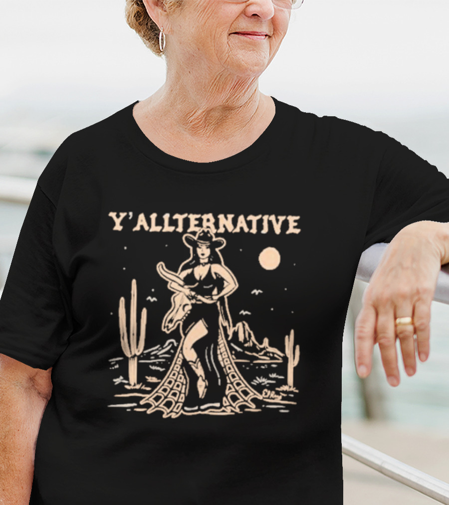 Y'allternative Cowgirl Desert Night Scene With Cacti And Mountains T-Shirt