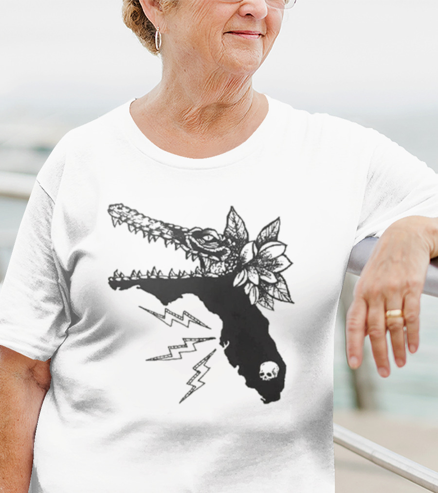 Florida Will Eat You - Alligator Skull Lightning Magnolia Map T-Shirt
