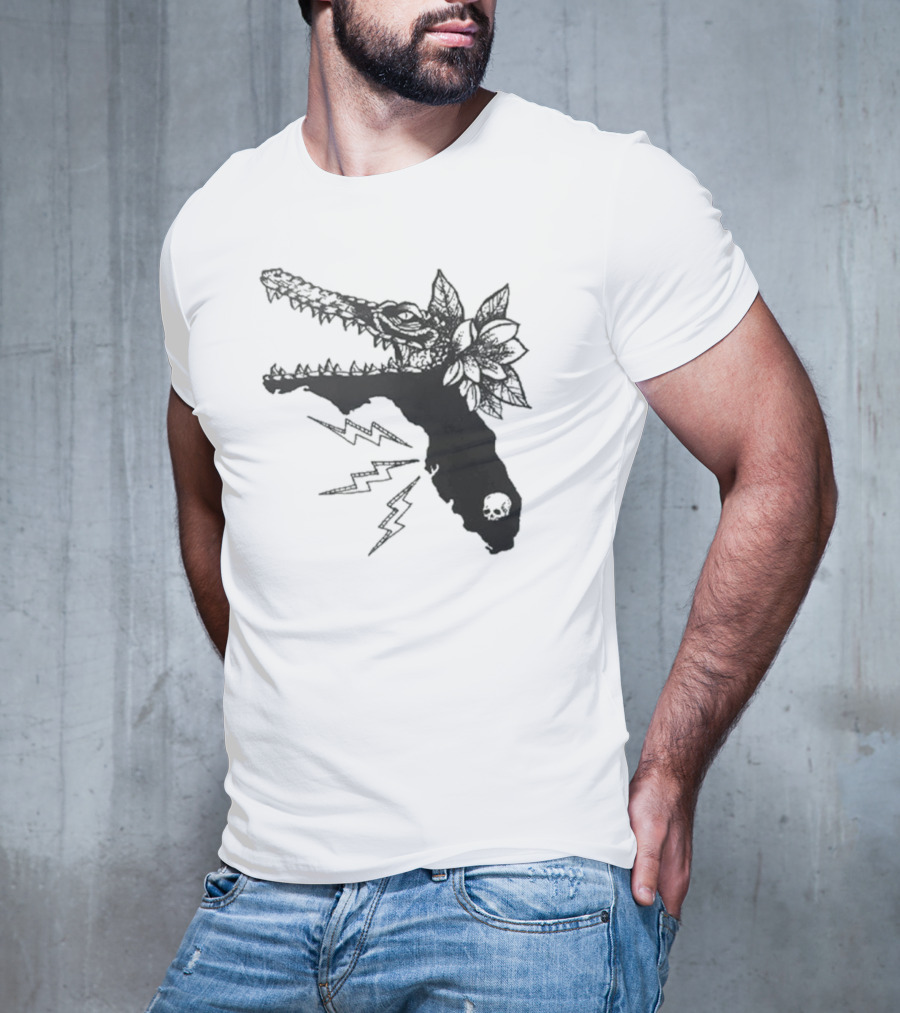 Florida Will Eat You - Alligator Skull Lightning Magnolia Map T-Shirt