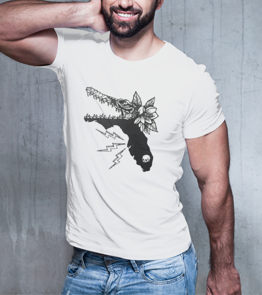 Florida Will Eat You - Alligator Skull Lightning Magnolia Map T-Shirt