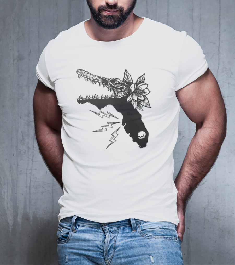 Florida Will Eat You - Alligator Skull Lightning Magnolia Map T-Shirt