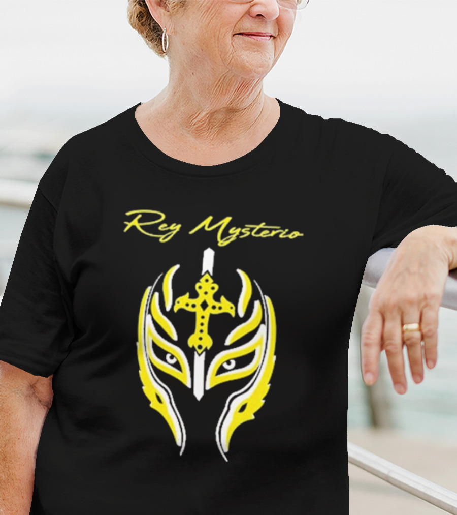 Rey Mysterio Cross Mask Icon With Yellow And White Accents T-Shirt