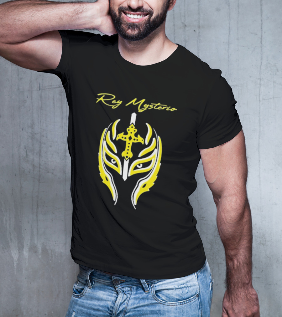 Rey Mysterio Cross Mask Icon With Yellow And White Accents T-Shirt