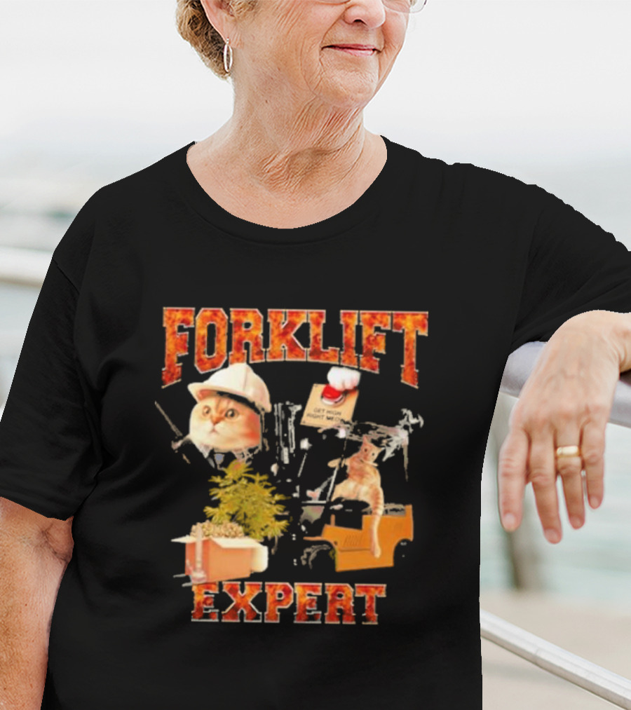 Forklift Expert Cat Hard Hat Red Button Plant Box Image T-Shirt