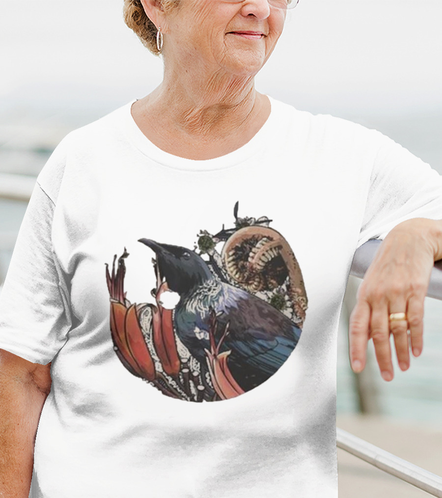 Tui’s Floral Harmony New Zealand Bird And Fern Motif T-Shirt