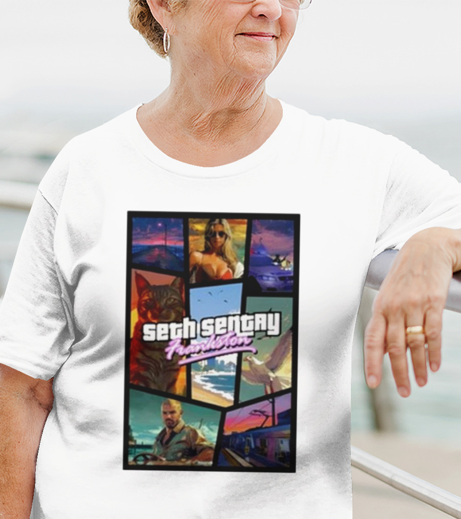 Seth Sentry Frankston GTA Style Art With Cat And City Scenes T-Shirt