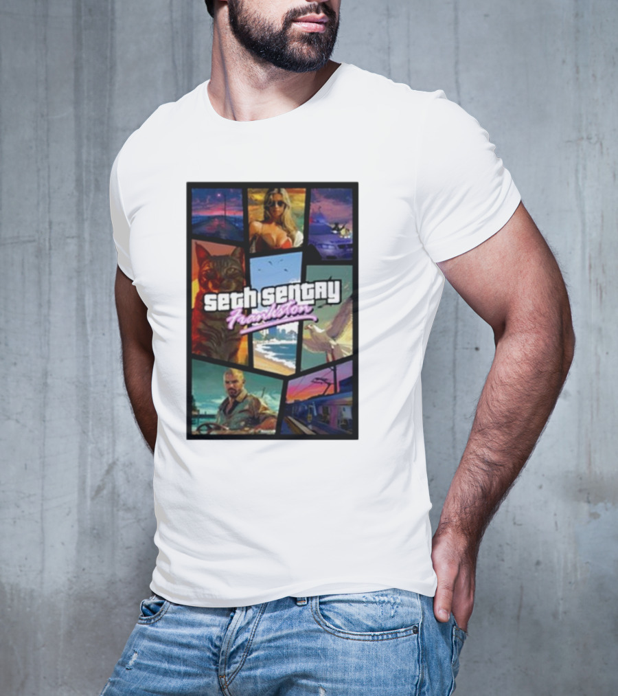 Seth Sentry Frankston GTA Style Art With Cat And City Scenes T-Shirt