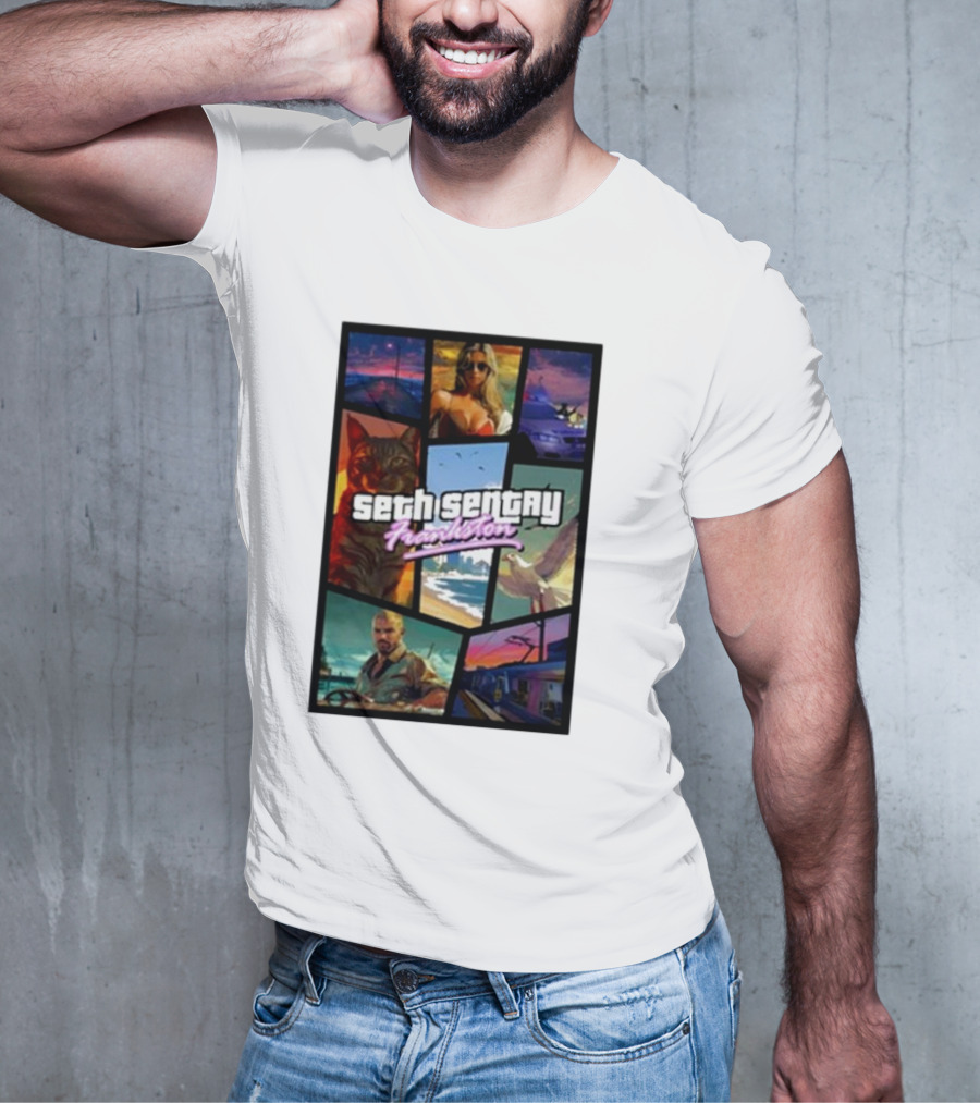 Seth Sentry Frankston GTA Style Art With Cat And City Scenes T-Shirt