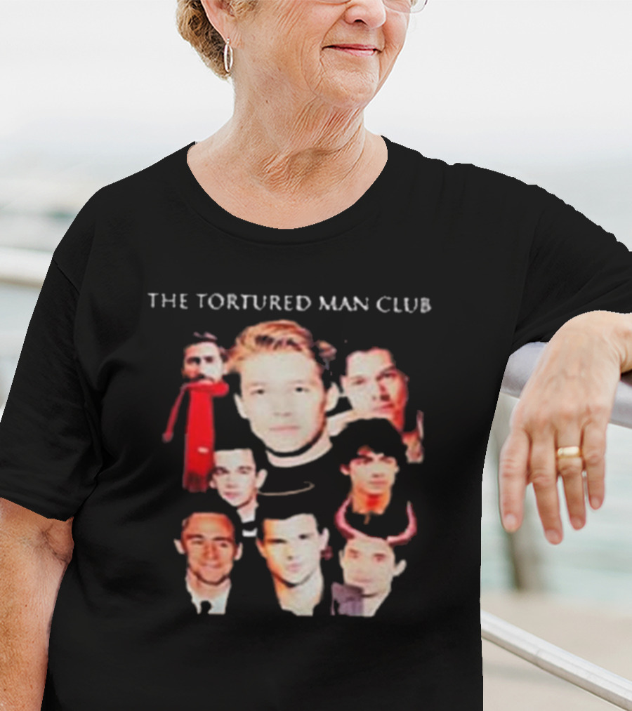 The Tortured Man Club: Collage Of Faces With Red Scarf And Horns T-Shirt