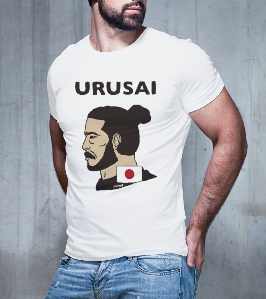 URUSAI Hiragana Ninja Japan Samurai Man Bun Profile With Flag T-Shirt