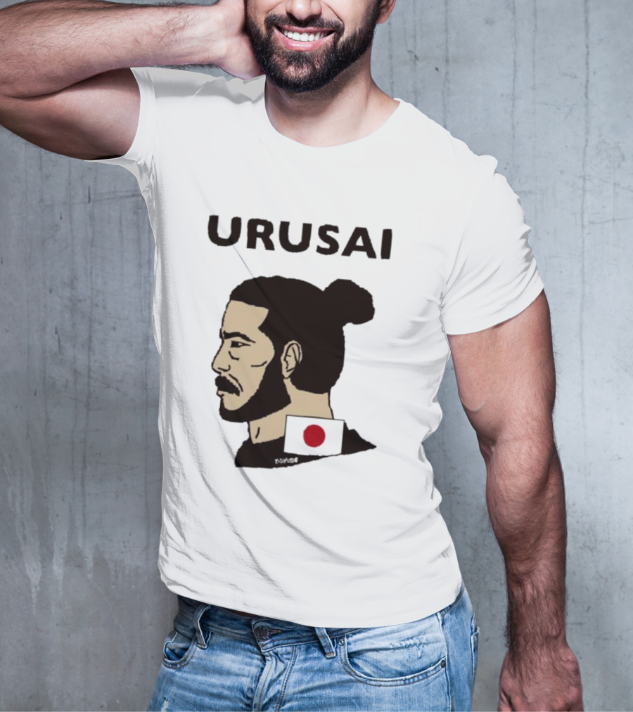 URUSAI Hiragana Ninja Japan Samurai Man Bun Profile With Flag T-Shirt