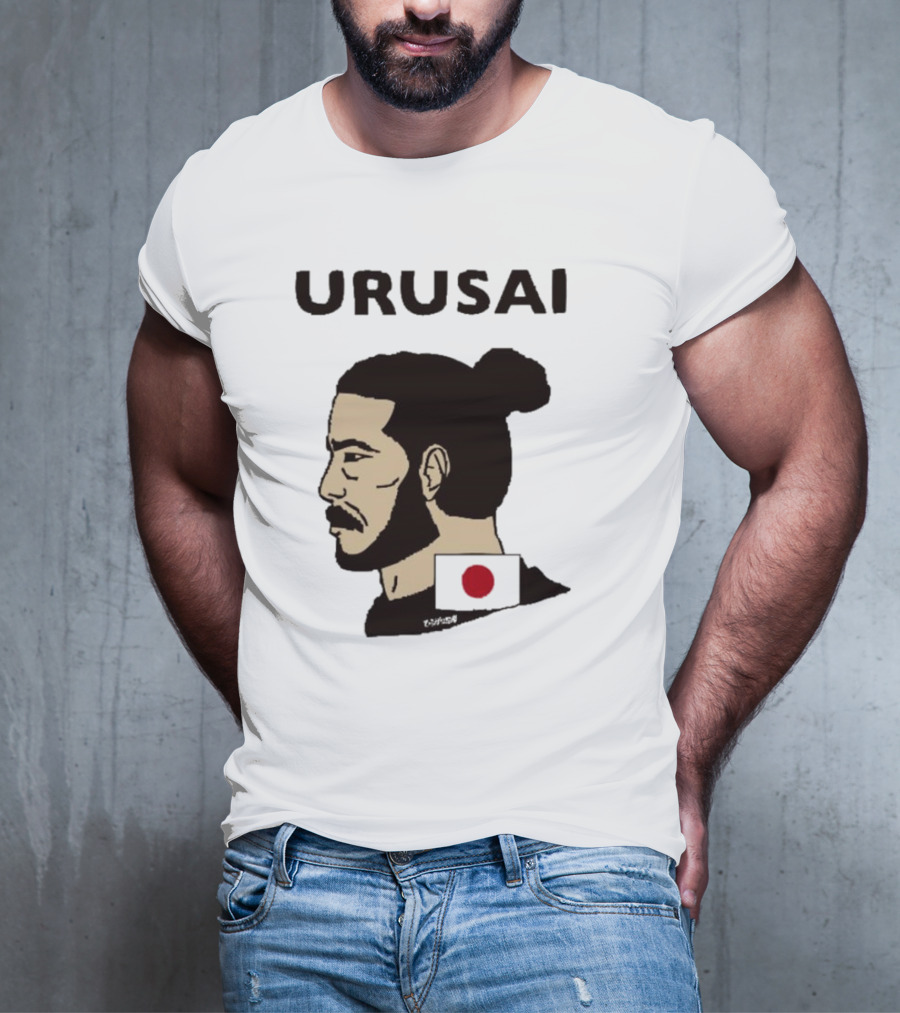 URUSAI Hiragana Ninja Japan Samurai Man Bun Profile With Flag T-Shirt