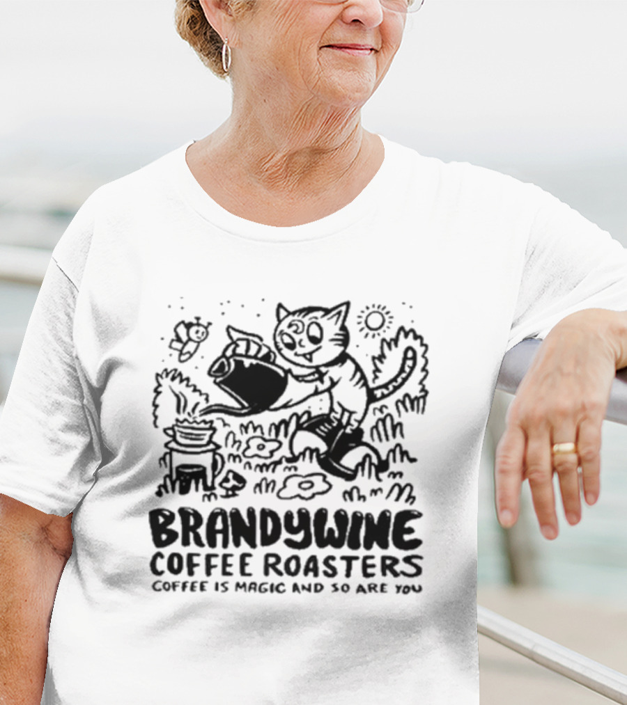Brandywine Coffee Roasters Coffee Is Magic And So Are You Cat Pouring Coffee Outdoor Scene T-Shirt