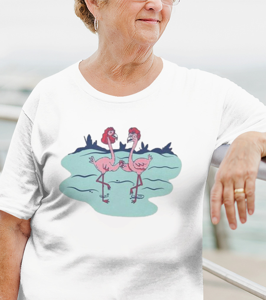 Flamingo Amigos In Blue Water Scene T-Shirt