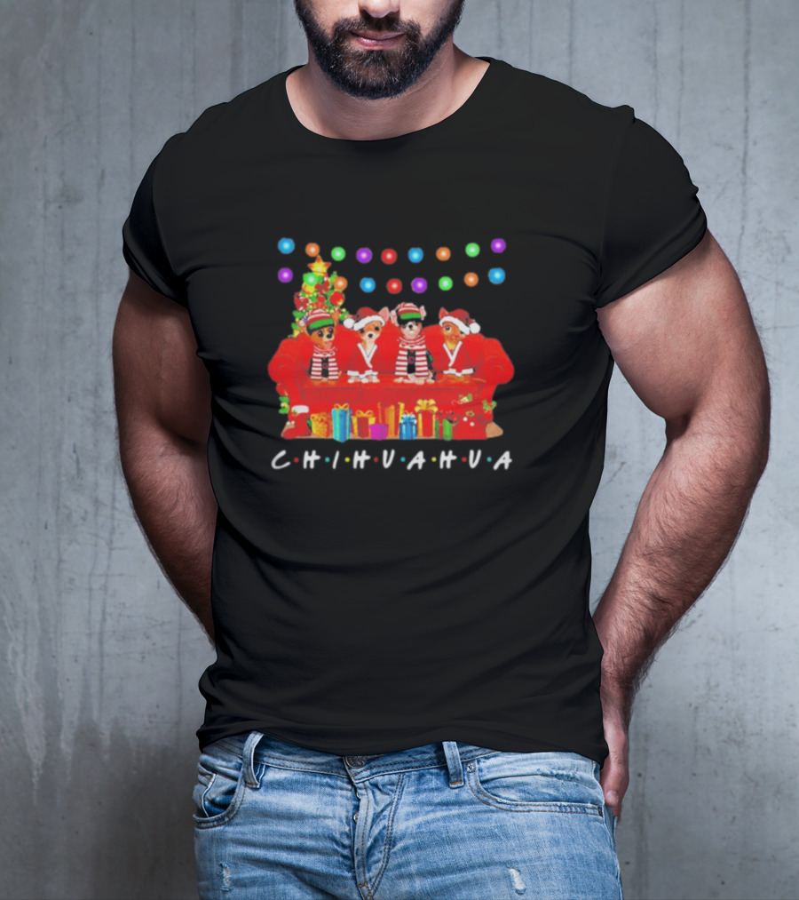 Merry Christmas Chihuahua Friends On Festive Couch With Colorful Lights And Presents T-Shirt