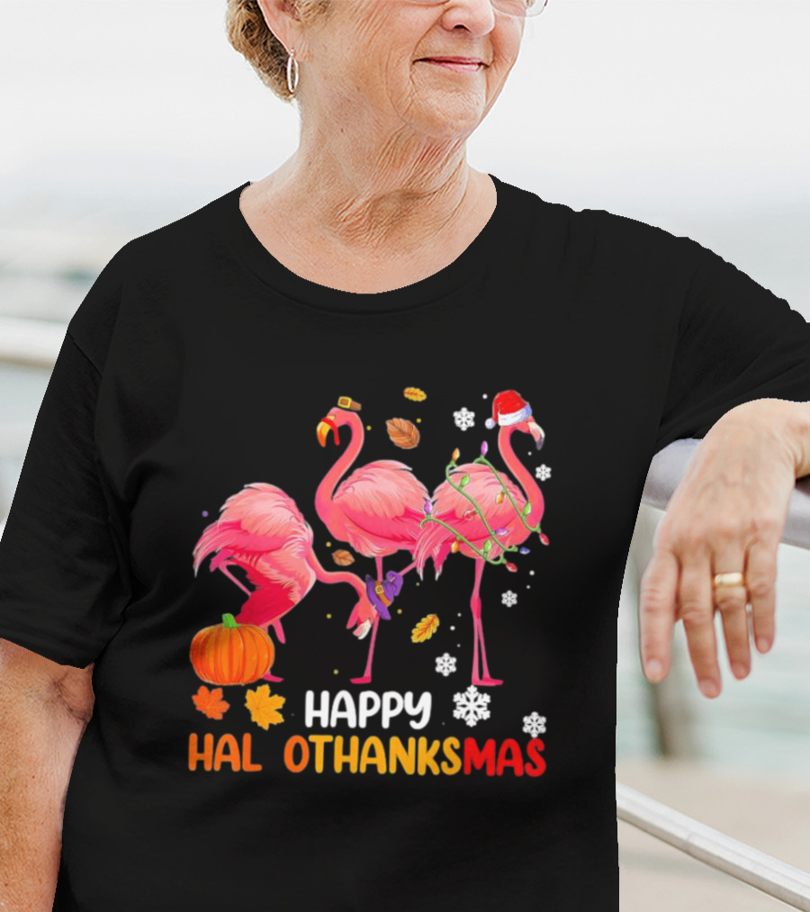 Happy Hallothanksmas Flamingo Halloween Thanksgiving Pumpkin Leaves Snowflakes T-Shirt