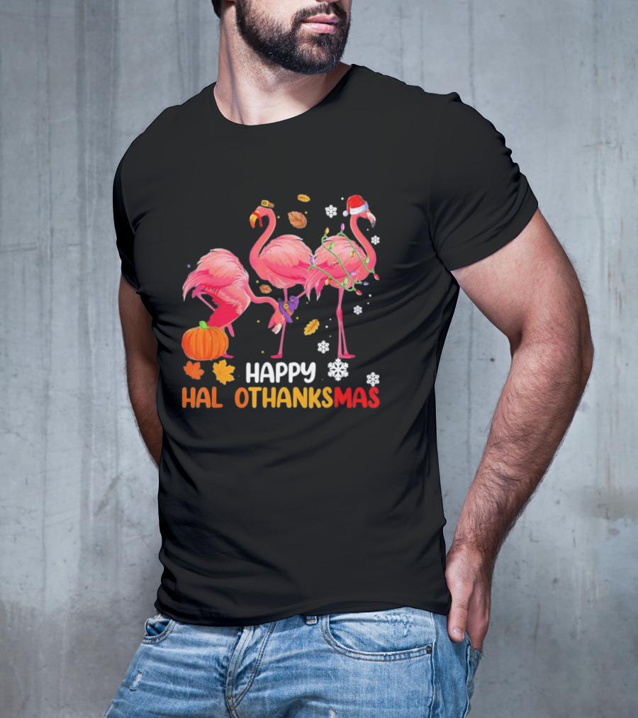 Happy Hallothanksmas Flamingo Halloween Thanksgiving Pumpkin Leaves Snowflakes T-Shirt
