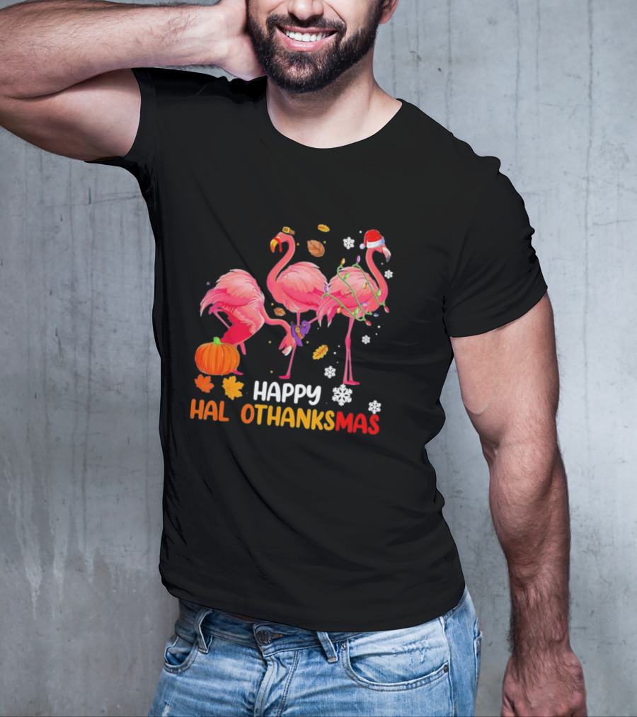 Happy Hallothanksmas Flamingo Halloween Thanksgiving Pumpkin Leaves Snowflakes T-Shirt
