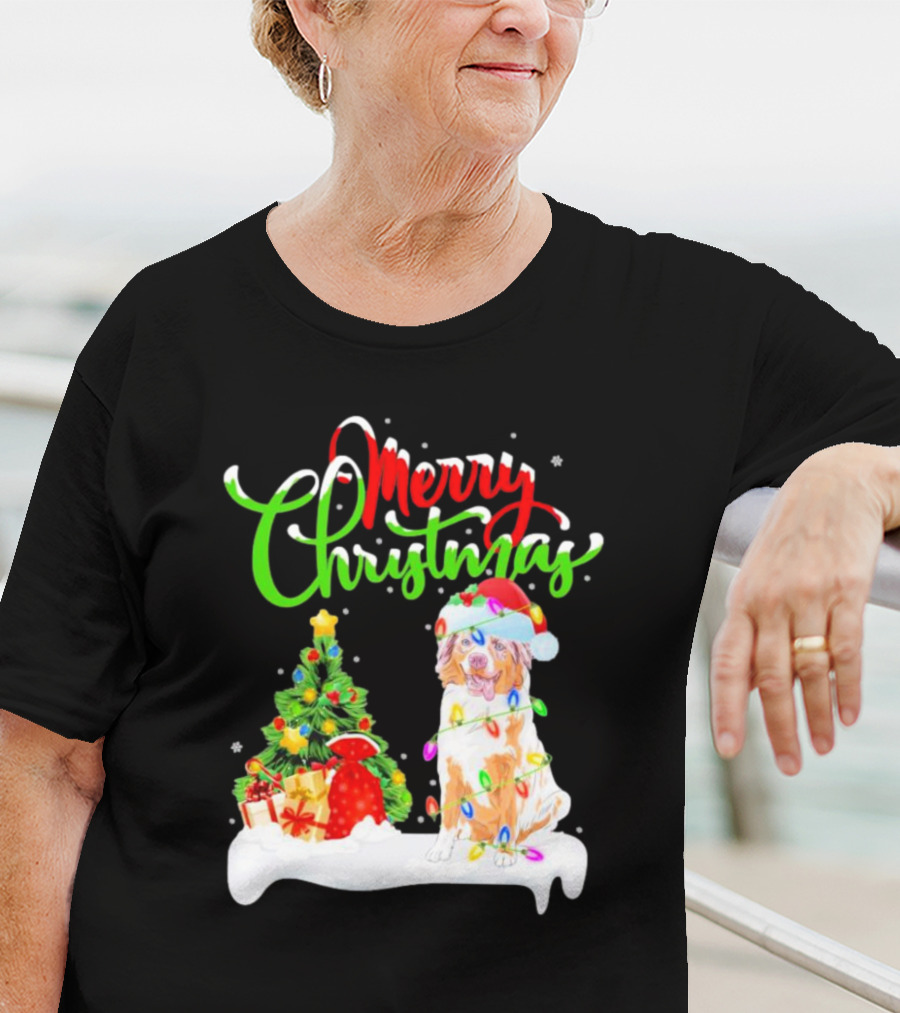 Merry Christmas Santa Australian Shepherd Dog Xmas Decorations T-Shirt