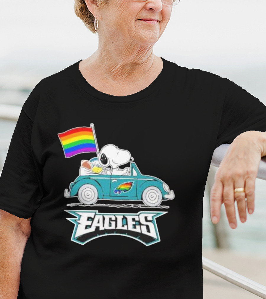 Philadelphia Eagles Pride Month Snoopy And Woodstock Rainbow Flag Parade T-Shirt