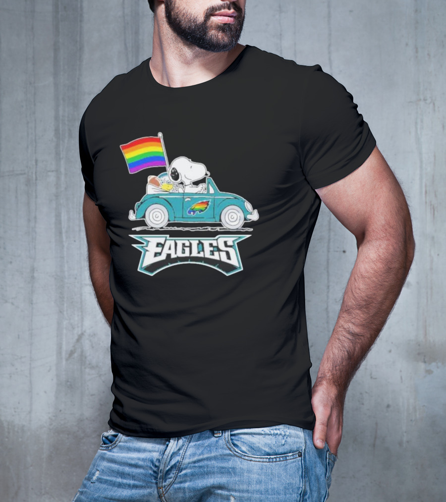Philadelphia Eagles Pride Month Snoopy And Woodstock Rainbow Flag Parade T-Shirt
