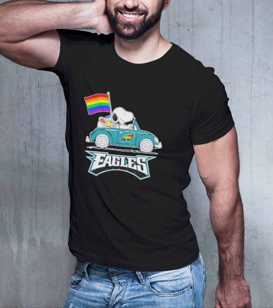 Philadelphia Eagles Pride Month Snoopy And Woodstock Rainbow Flag Parade T-Shirt