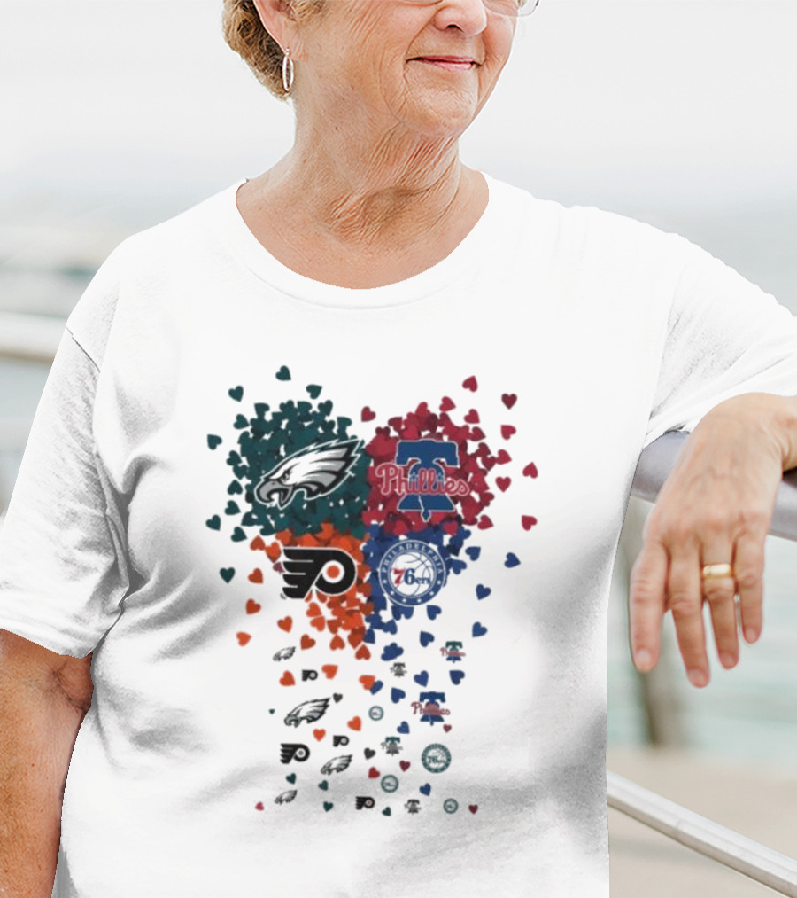 Philadelphia Eagles Phillies Flyers 76ers Logos And Hearts T-Shirt