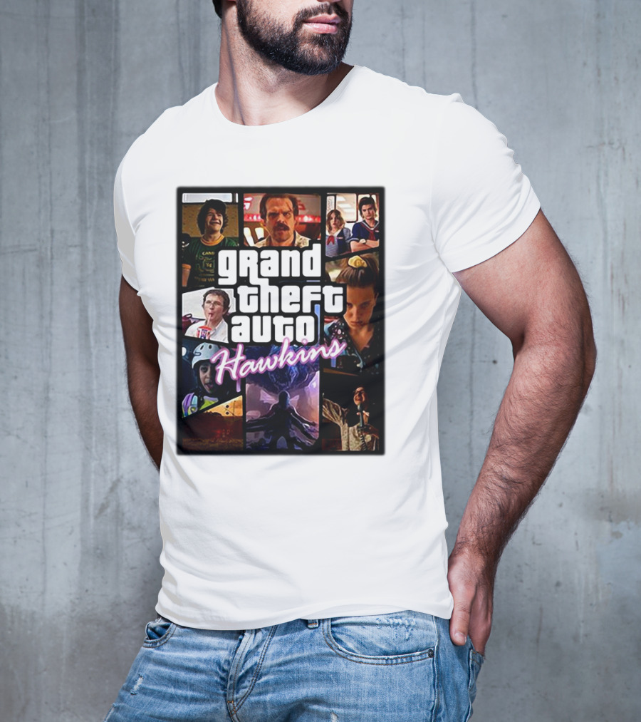 Stranger Things 3 Grand Theft Auto Hawkins Vintage Style Collage T-Shirt