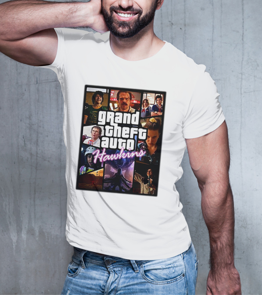Stranger Things 3 Grand Theft Auto Hawkins Vintage Style Collage T-Shirt