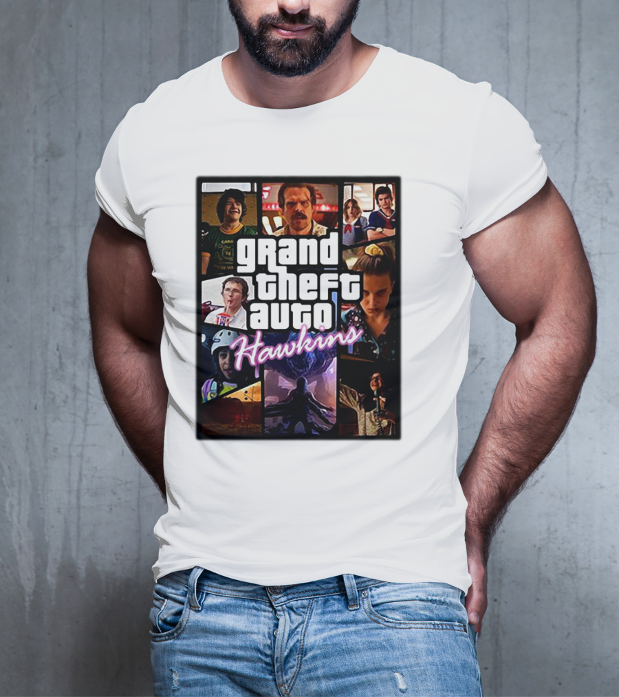 Stranger Things 3 Grand Theft Auto Hawkins Vintage Style Collage T-Shirt