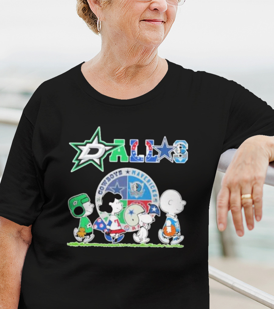 Peanuts Characters Walking With Dallas Cowboys Mavericks Stars T-Shirt