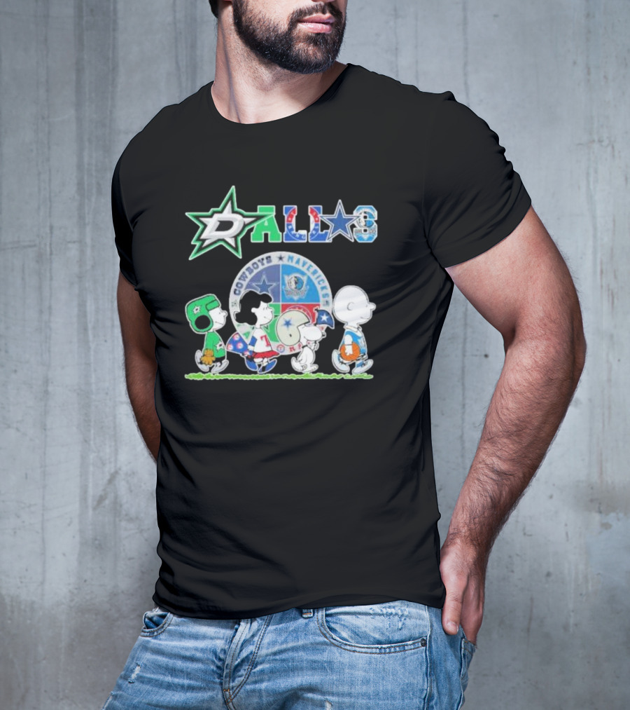 Peanuts Characters Walking With Dallas Cowboys Mavericks Stars T-Shirt