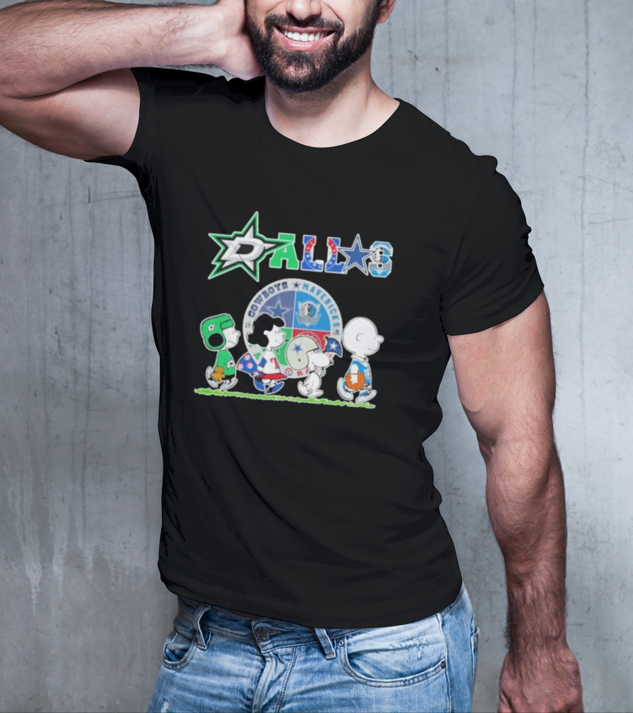 Peanuts Characters Walking With Dallas Cowboys Mavericks Stars T-Shirt