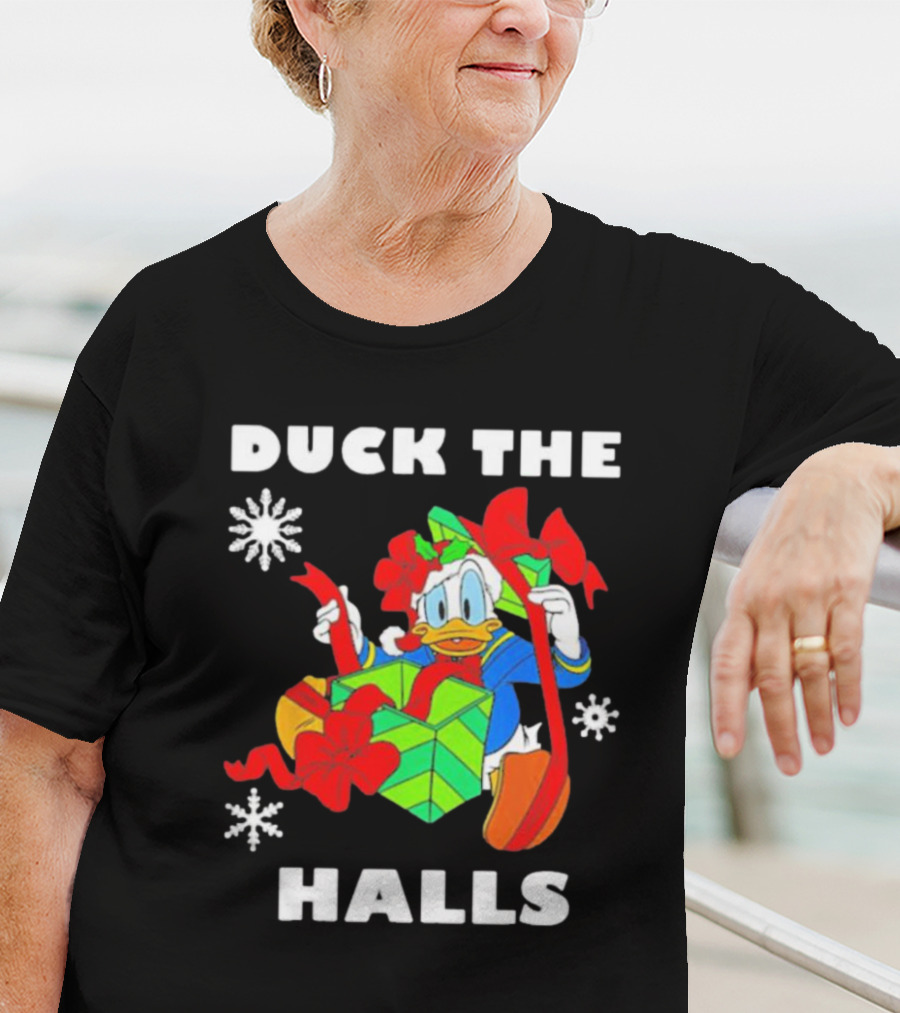 Duck The Halls Christmas With Present And Snowflakes T-Shirt