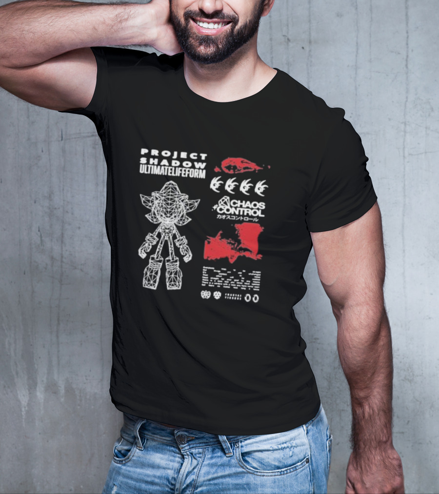 Project Shadow Ultimate Lifeform Chaos Control Japanese Text Wireframe Character Red Elements T-Shirt