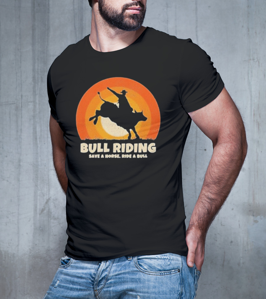 Bull Riding Save A Horse Ride A Bull Sunset Silhouette Cowboy Vintage T-Shirt