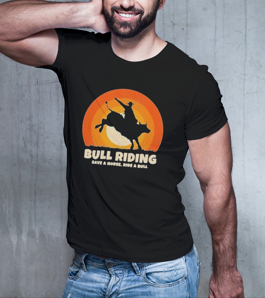 Bull Riding Save A Horse Ride A Bull Sunset Silhouette Cowboy Vintage T-Shirt