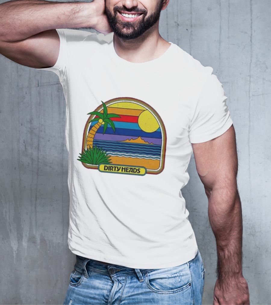 Dirty Heads Retro Beach Sunset Palms Ocean Scene T-Shirt