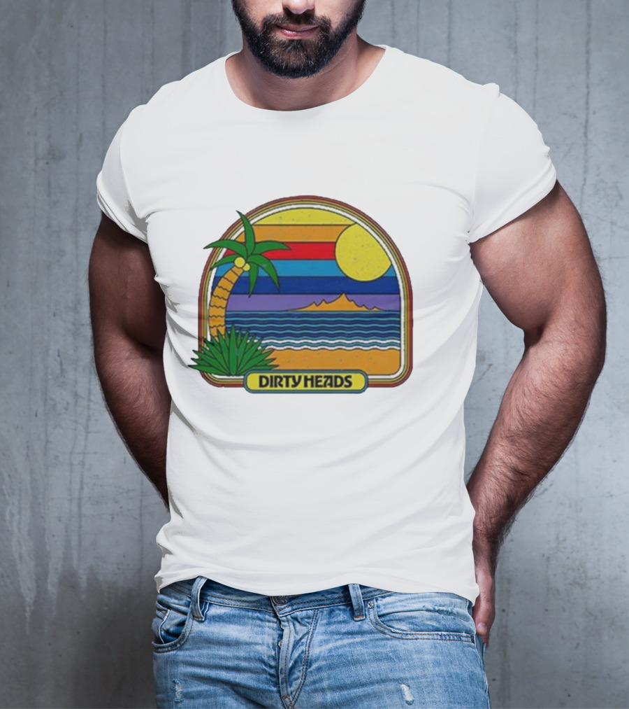 Dirty Heads Retro Beach Sunset Palms Ocean Scene T-Shirt