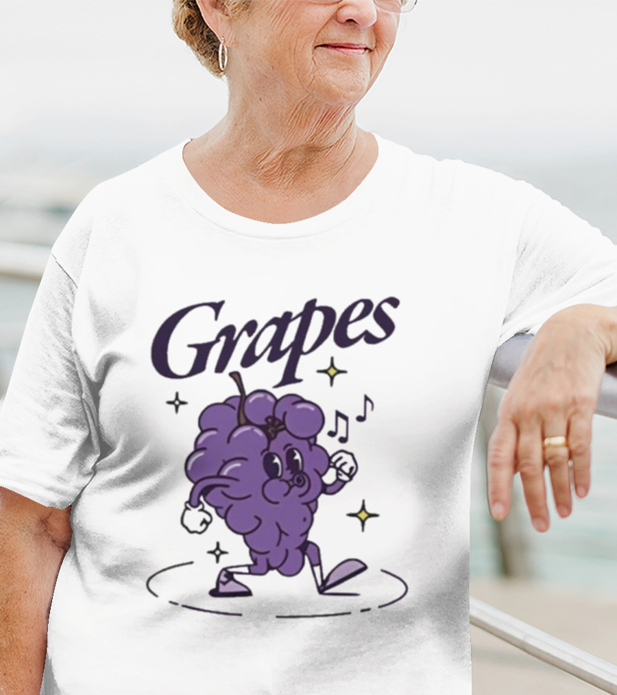 James Marriott Grapes Dancing Purple Cartoon With Musical Notes And Stars T-Shirt