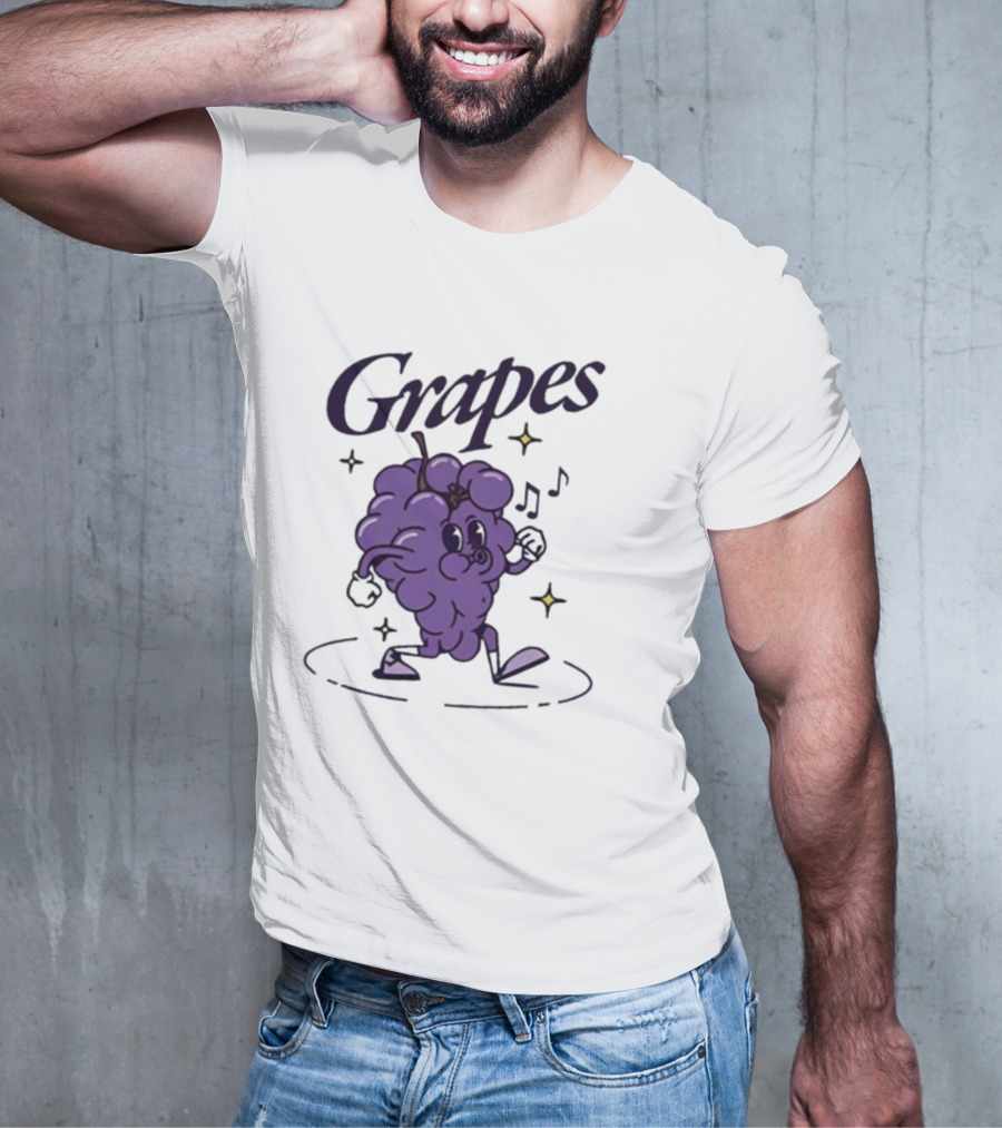 James Marriott Grapes Dancing Purple Cartoon With Musical Notes And Stars T-Shirt