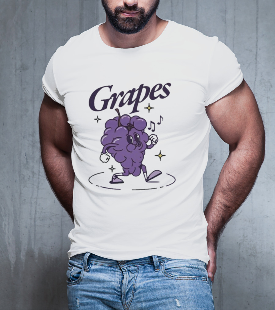 James Marriott Grapes Dancing Purple Cartoon With Musical Notes And Stars T-Shirt
