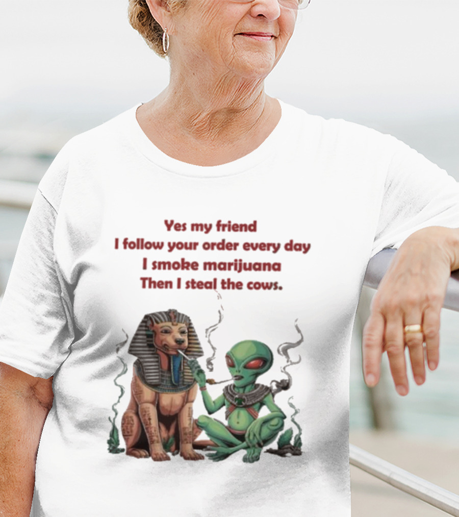Yes My Friend I Follow Your Order Every Day I Smoke Marijuana Then I Steal The Cows Alien With Sphinx Smoking T-Shirt