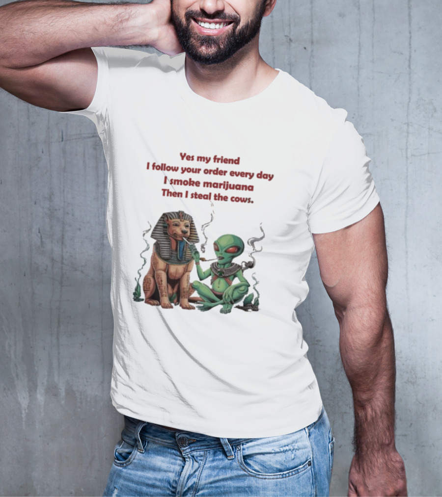 Yes My Friend I Follow Your Order Every Day I Smoke Marijuana Then I Steal The Cows Alien With Sphinx Smoking T-Shirt