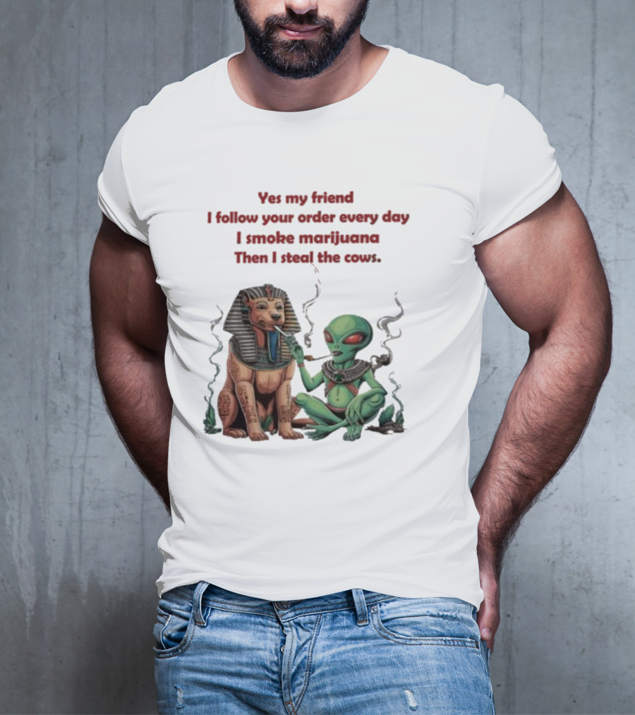 Yes My Friend I Follow Your Order Every Day I Smoke Marijuana Then I Steal The Cows Alien With Sphinx Smoking T-Shirt