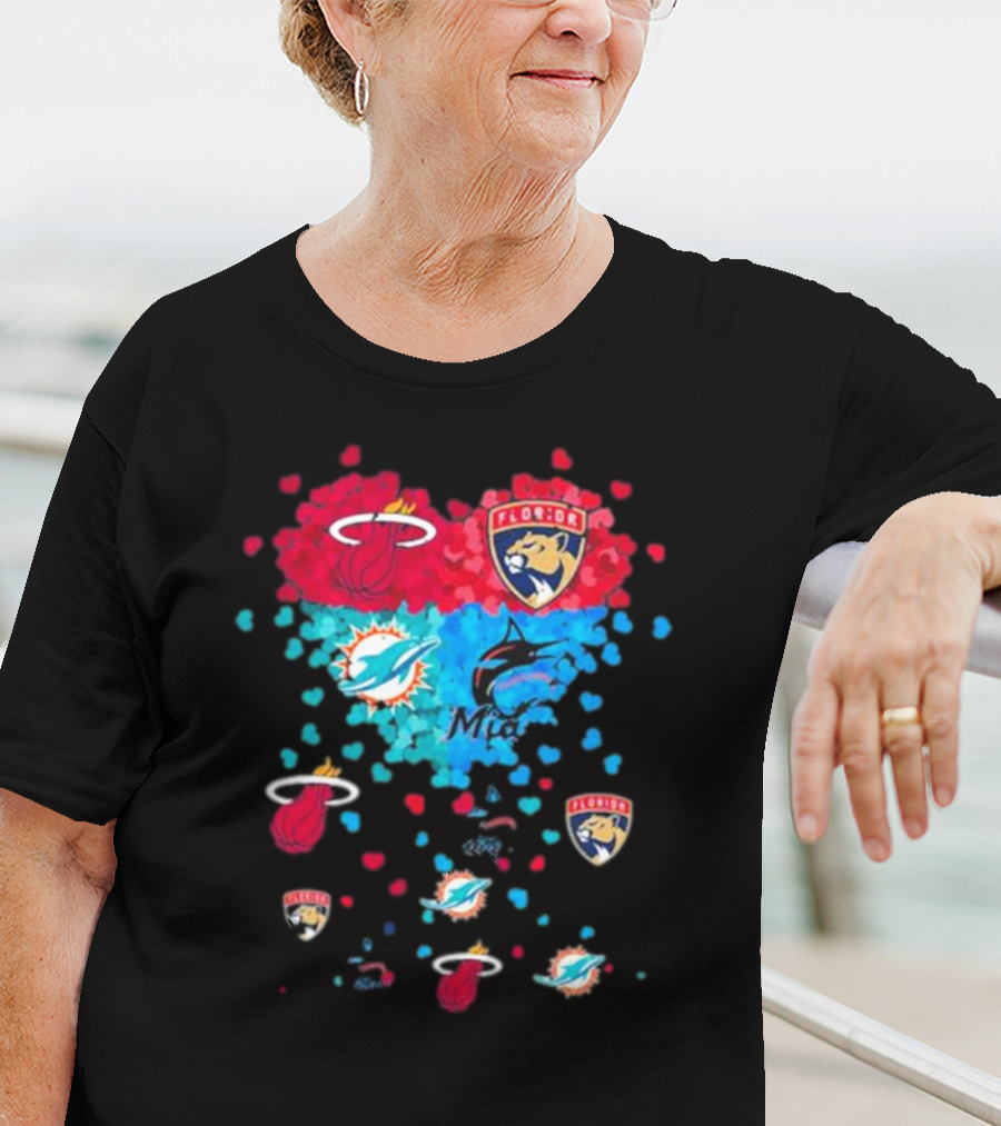 Miami Dolphins Miami Heat Florida Panthers Mashup Hearts T-Shirt