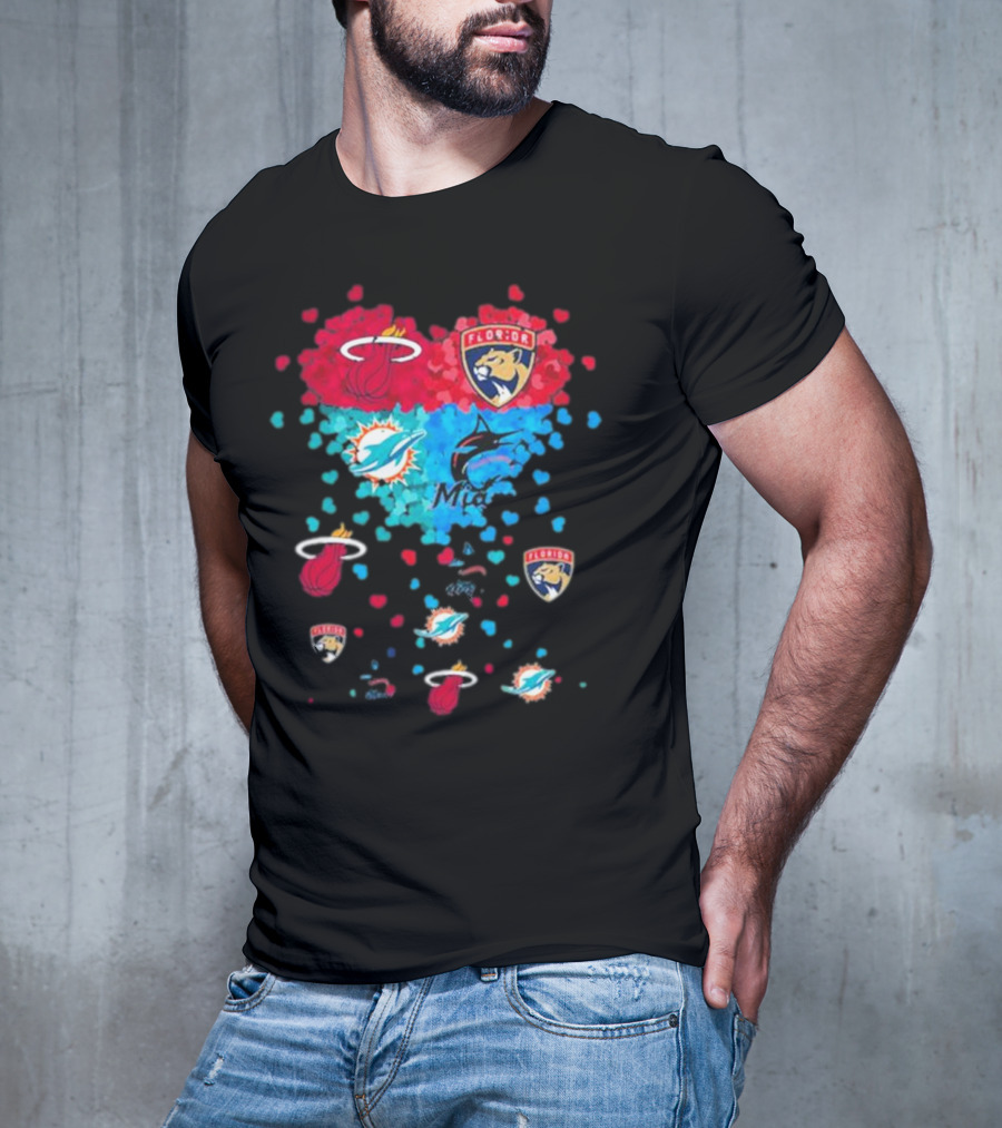 Miami Dolphins Miami Heat Florida Panthers Mashup Hearts T-Shirt